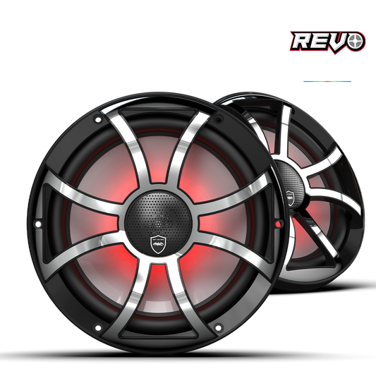 REVO CX-10 XS-B-SS S2 | REVO Series 10-inch High-Output Component Style Coaxial Speakers w/ XS-Black-Stainless Steel RGB Grilles